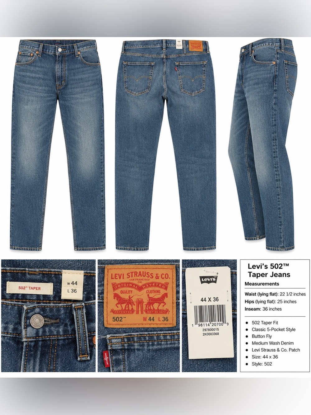 Big & Tall Levi's 502 Taper Men’s Stretch Jeans Waist 44 Length 36 NWT